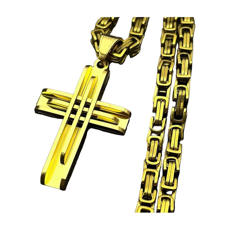 Cross Pendant Necklace with Rectangular Link Chain, Stainless Steel