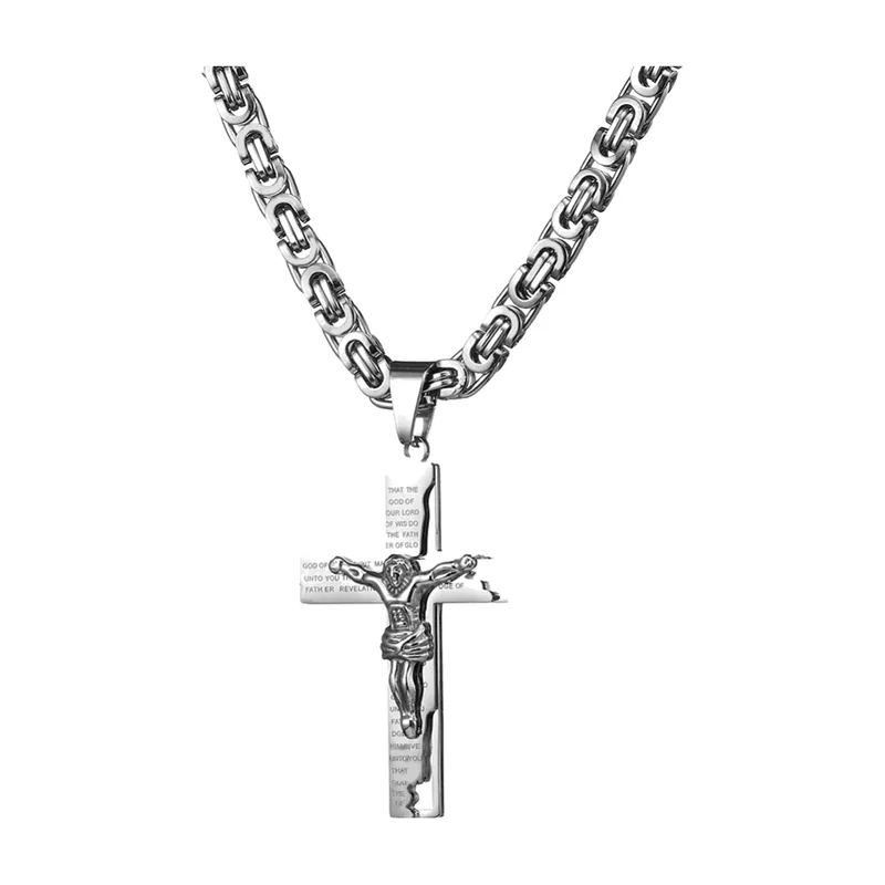 Pendentif Croix Crucifix avec Chaîne Byzantine, Acier Inoxydable