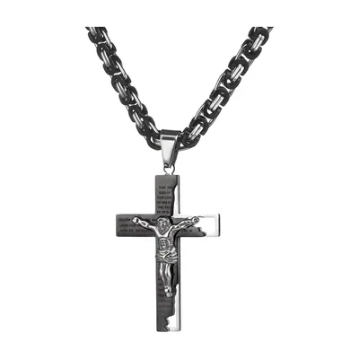 Crucifix Cross Pendant with Byzantine Chain, Stainless Steel