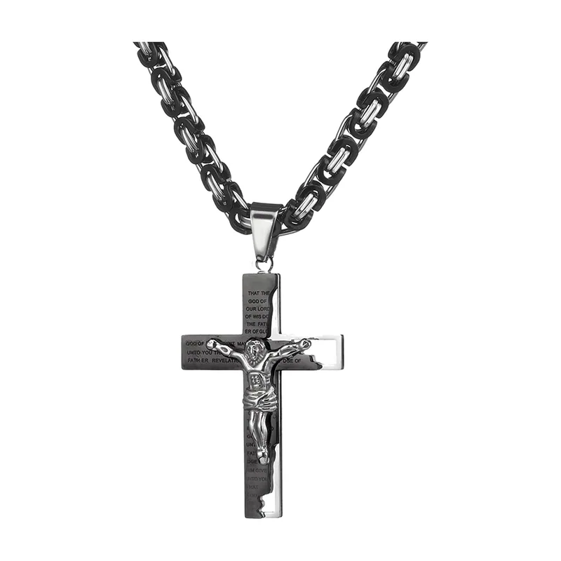 Collier Croix Crucifixe avec Chaîne Byzantine, Acier Inoxydable