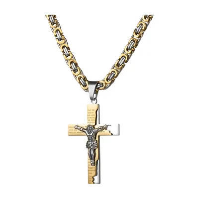 Crucifix Pendant Necklace with Byzantine Chain, Stainless Steel