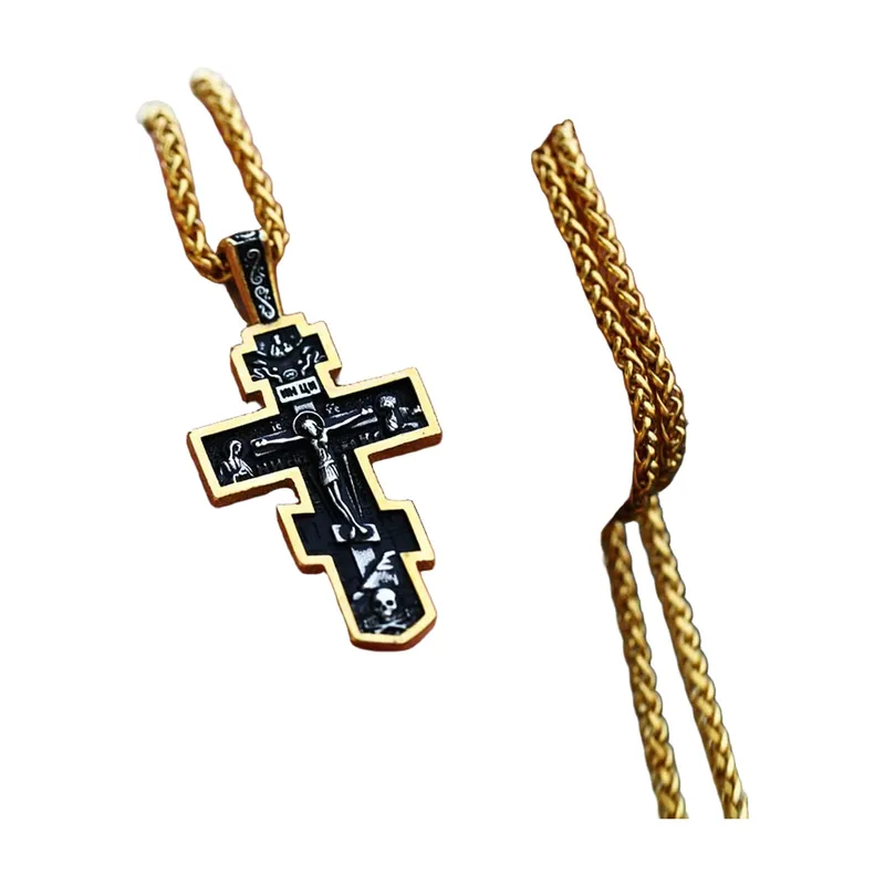 Pendentif Croix Orthodoxe avec Chaîne Corde, Acier Inoxydable