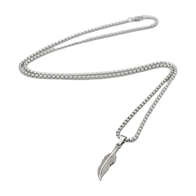 Collier avec Pendentif Plume et Chaîne Gourmette, Acier Inoxydable