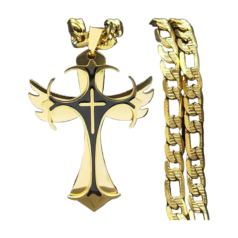 Collier Croix avec Ailes et Émail Noir, Acier Inoxydable