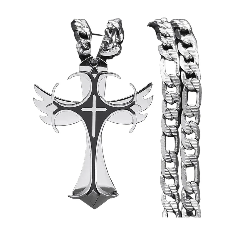Pendentif Croix Gothique avec Chaîne Gourmette, Acier Inoxydable 316L