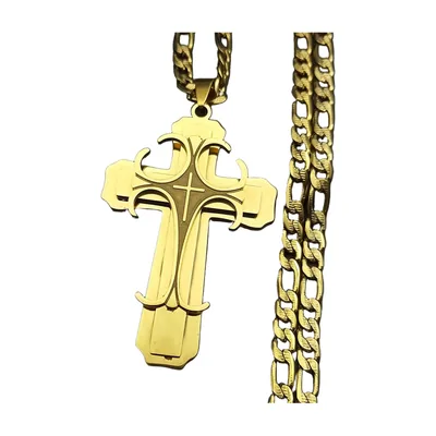 Cross Pendant Necklace with Curb Chain, Gold Tone Stainless Steel
