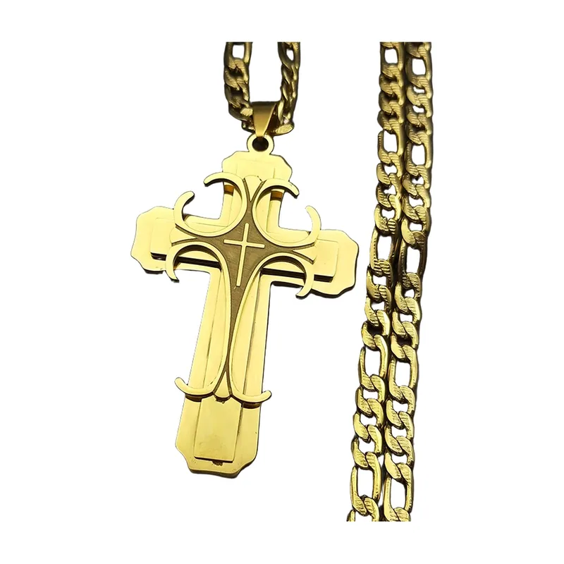 Colgante de Cruz con Cadena Curb, Acero Inoxidable Dorado