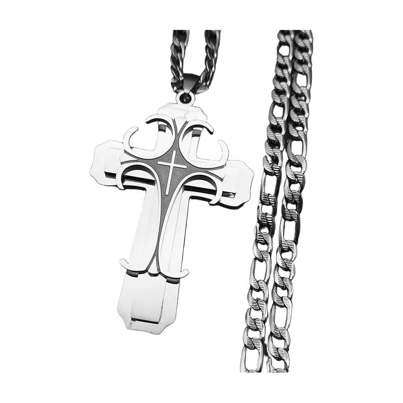 Collana con Pendente a Croce e Catena Curb, Acciaio Inossidabile