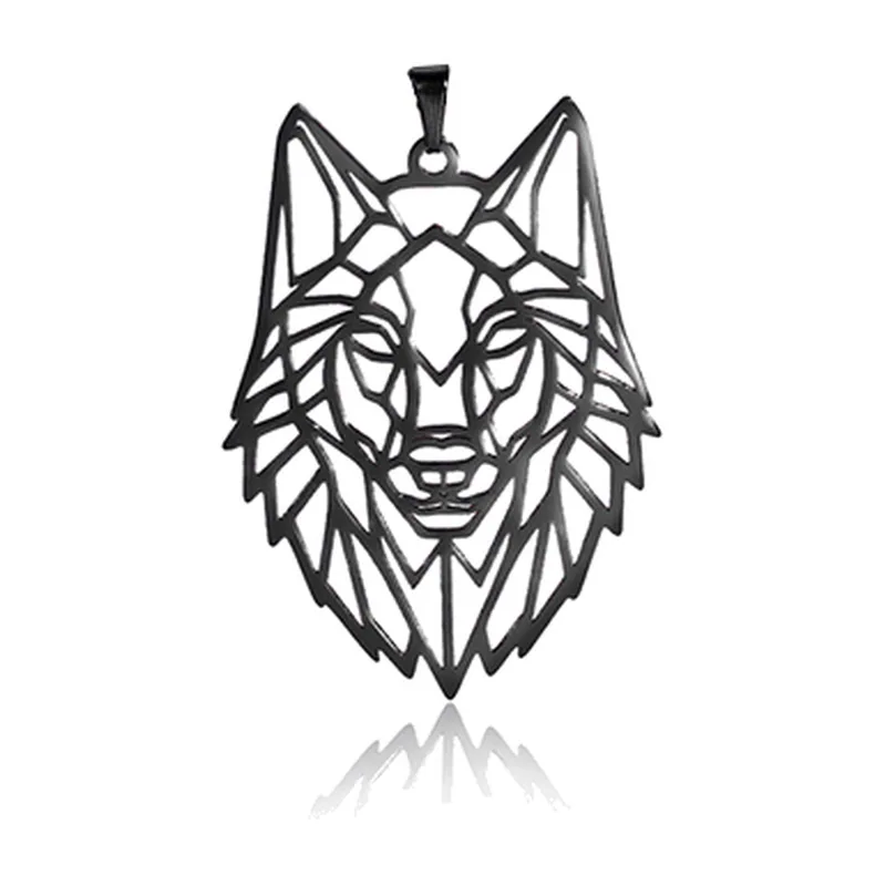 Geometric Wolf Head Pendant with Cable Chain, Stainless Steel