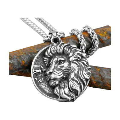 Viking Lion Head Pendant with Curb Chain, Stainless Steel