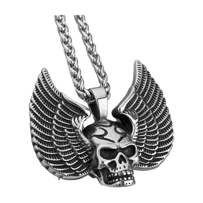Pendentif Crâne et Ailes avec Chaîne Gourmette, Acier Inoxydable