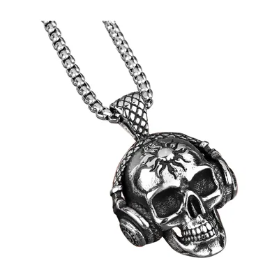 Collana con Pendente Teschio e Cuffie, Acciaio Inossidabile