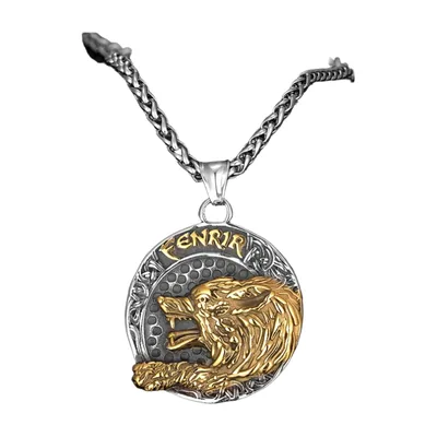 Fenrir Wolf Anhänger mit Runenkette, Edelstahl
