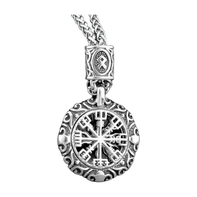 Pendentif Boussole Vegvisir Viking avec Chaîne Runique, Acier Inoxydable