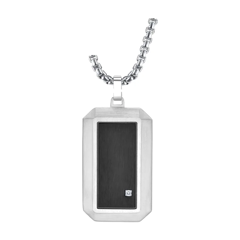 Collana Dog Tag con Intarsio Nero e Zirconia, Acciaio Inossidabile