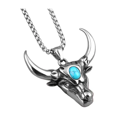 Bull Head Pendant Necklace with Blue Stone, Stainless Steel