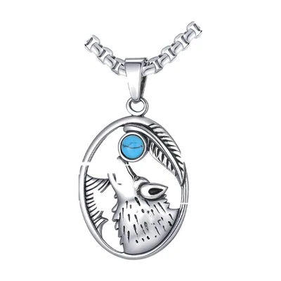 Wolfskopf Anhänger mit blauem Stein, Edelstahl