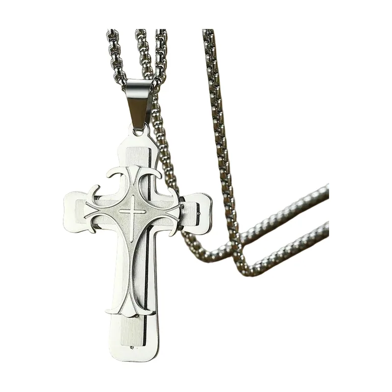 Collier avec Pendentif Croix Gravé, Acier Inoxydable