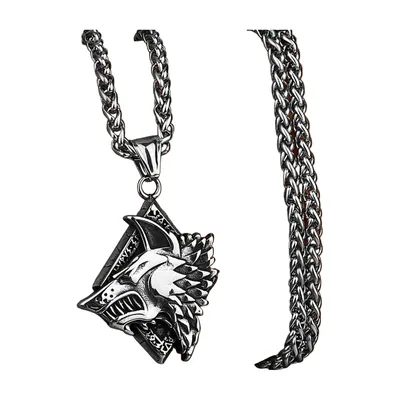 Pendentif Tête de Loup Geri et Freki avec Chaîne, Acier Inoxydable