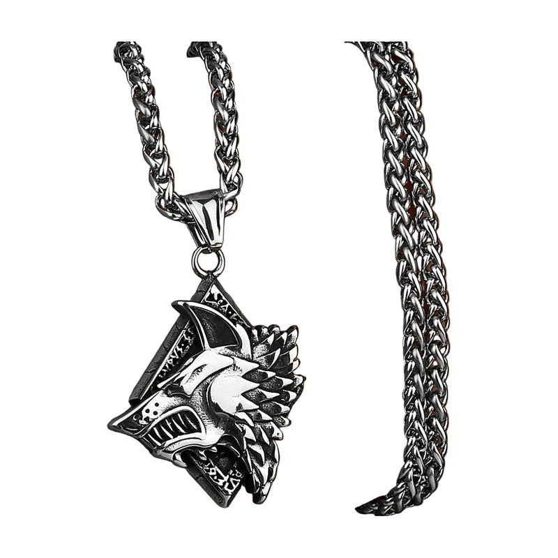 Geri und Freki Wolfskopf-Anhänger mit Kette, Edelstahl