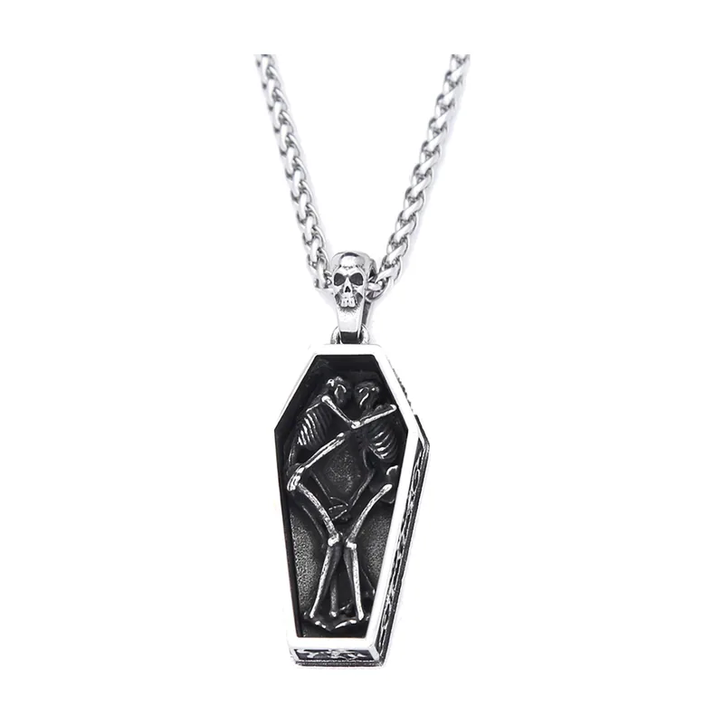Collana con Pendente a Bara e Doppi Teschio, Acciaio Inossidabile