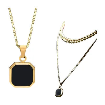 Square Pendant Necklace with Black Stone, Stainless Steel Figaro Chain