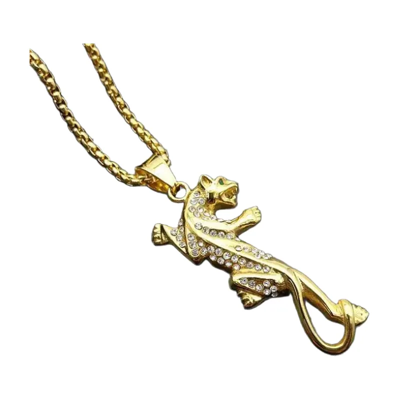 Leopard Pendant Necklace with Cubic Zirconia, Stainless Steel