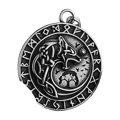 Wikinger Wolf- und Runenanhänger mit Yggdrasil, Edelstahl