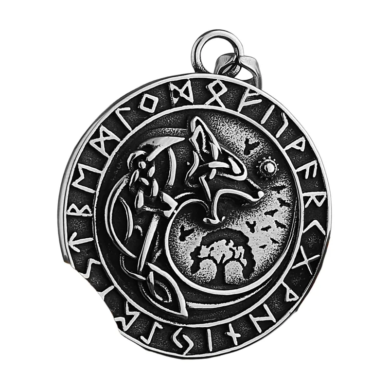 Wikinger Wolf- und Runenanhänger mit Yggdrasil, Edelstahl