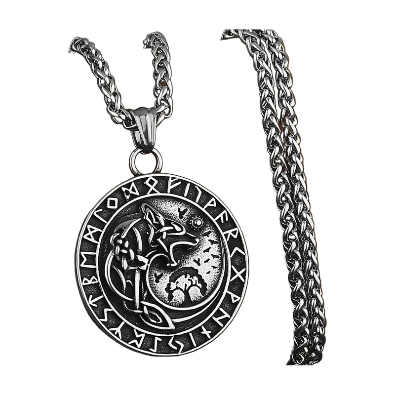 Collana con Ciondolo Lupo e Luna e Rune Norrene, Acciaio Inossidabile