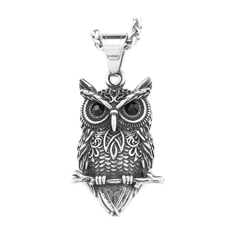 Collier avec Pendentif Chouette et Pierres Noires, Acier Inoxydable