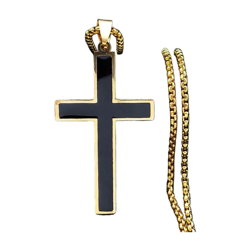 Collana con Pendente a Croce e Intarsio Nero, Acciaio Inossidabile