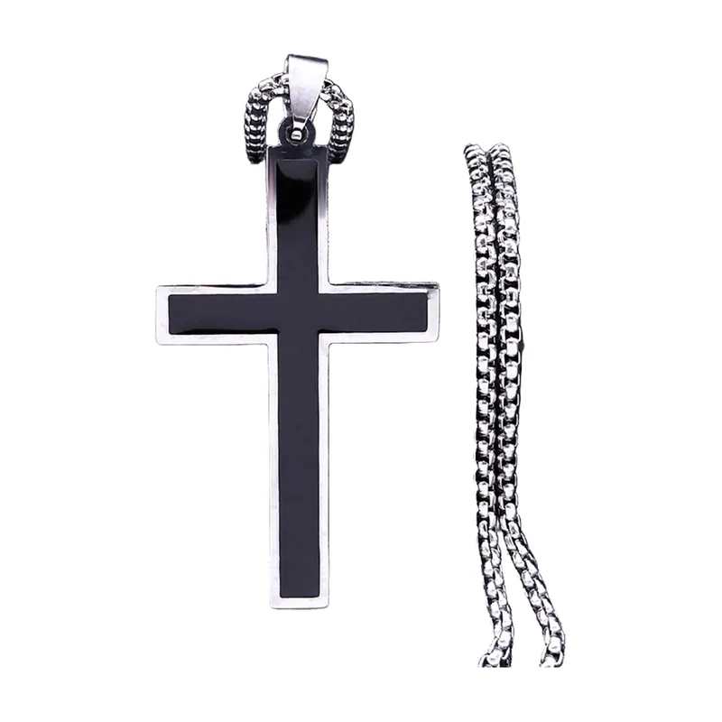 Collier Pendentif Croix avec Incrustation Noire, Acier Inoxydable
