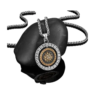 Valknut and Vegvisir Compass Pendant with Curb Chain, Stainless Steel