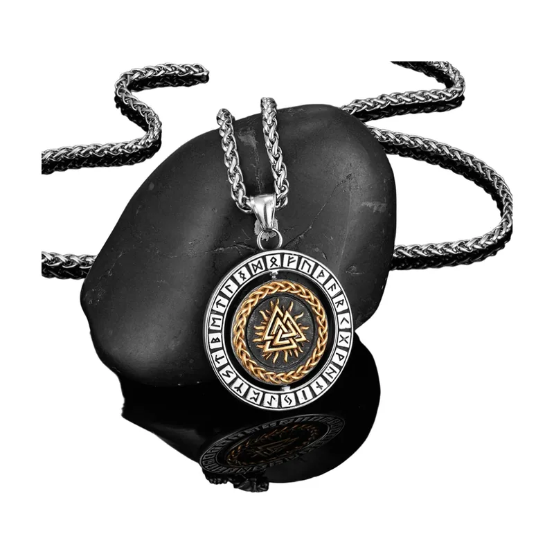 Valknut und Vegvisir Kompass Anhänger mit Panzerkette, Edelstahl