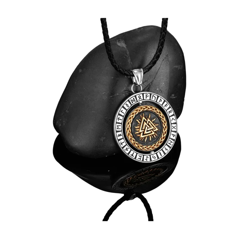 Colgante Valknut y Brújula Vegvisir con Cordón, Acero Inoxidable