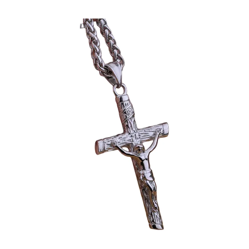 Crucifix Cross Pendant with Curb Chain, Stainless Steel