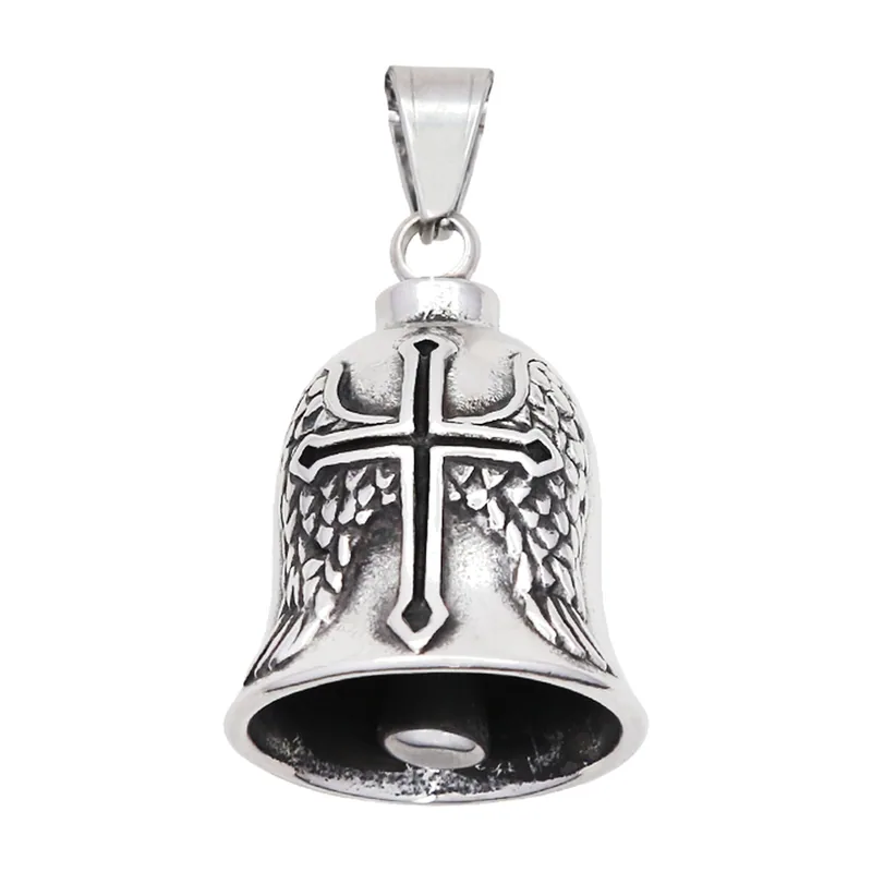 Collier Pendentif Cloche avec Croix et Ailes, Acier Inoxydable