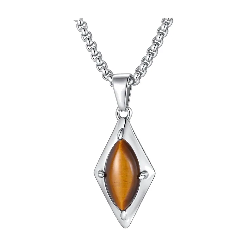 Pendentif Rhombe Géométrique avec Pierre Brune, Acier Inoxydable