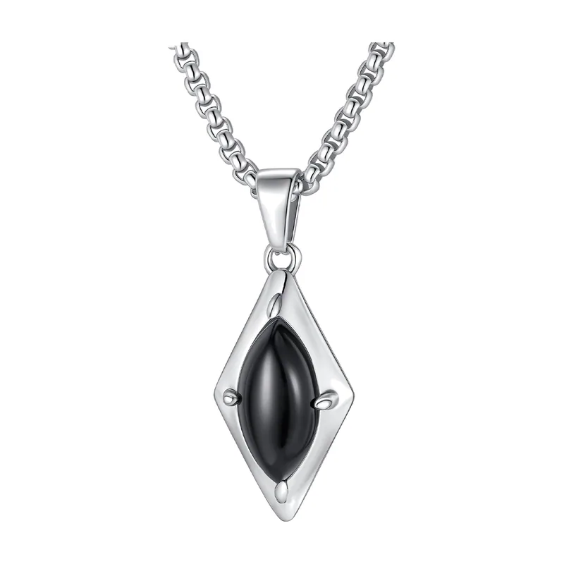 Collier Pendentif Rhombe avec Pierre Noire, Acier Inoxydable