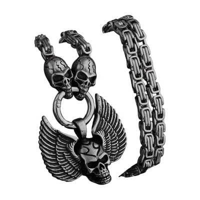 Collier Pendentif Crâne et Ailes d'Ange, Acier Inoxydable