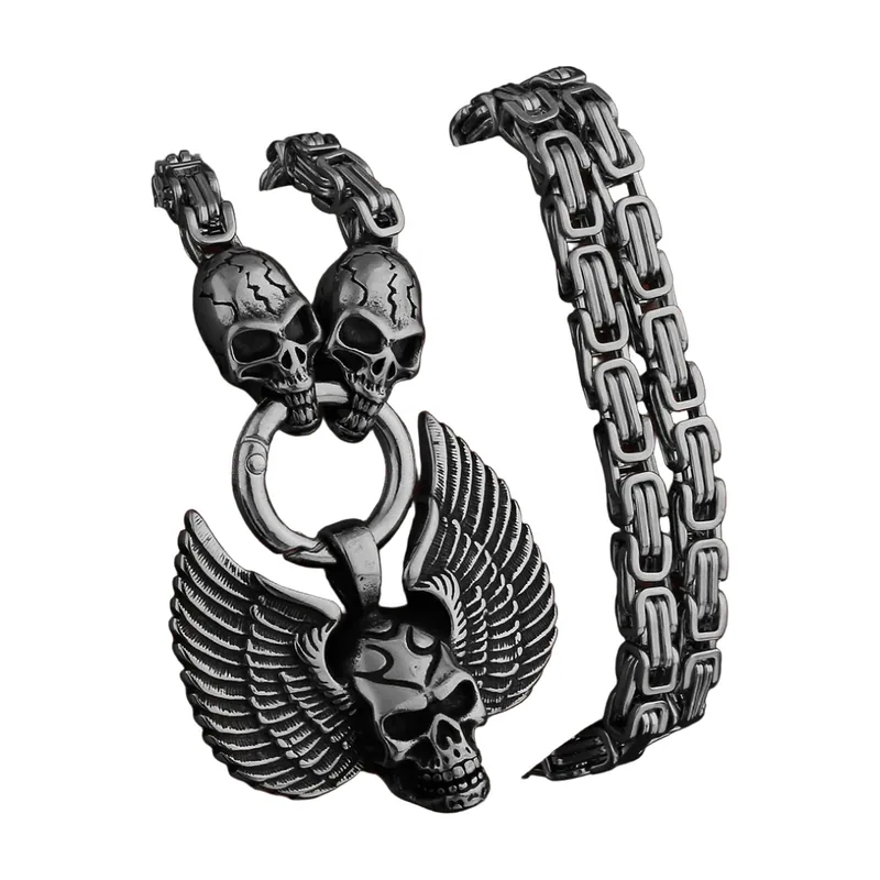Collana con Pendente Teschio e Ali d'Angelo, Acciaio Inossidabile