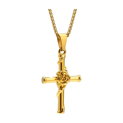 Collier Croix avec Détail Rose, Acier Inoxydable
