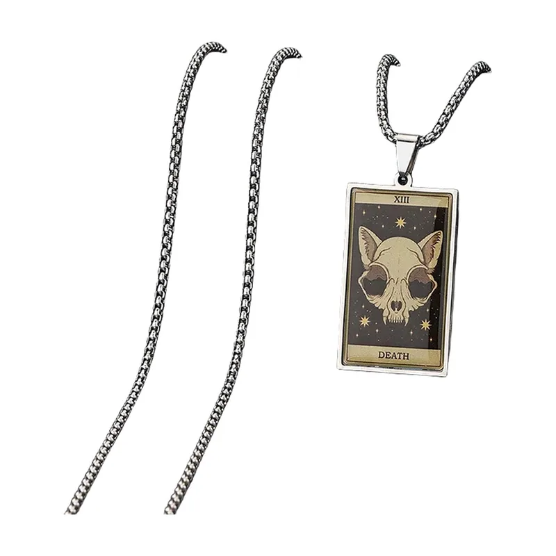Collier Pendentif Carte Tarot au Crâne de Chat, Acier Inoxydable