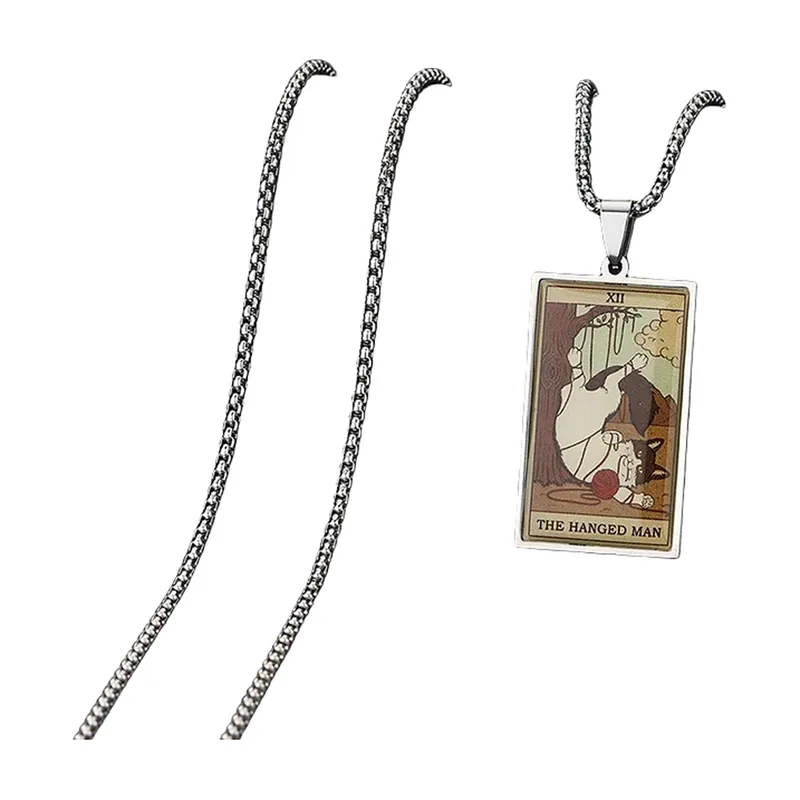 Collier Pendentif Carte Tarot Chat, Acier Inoxydable