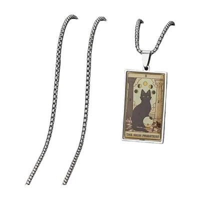 Collana con Pendente Carta dei Tarocchi Gatto Nero, Acciaio Inossidabile