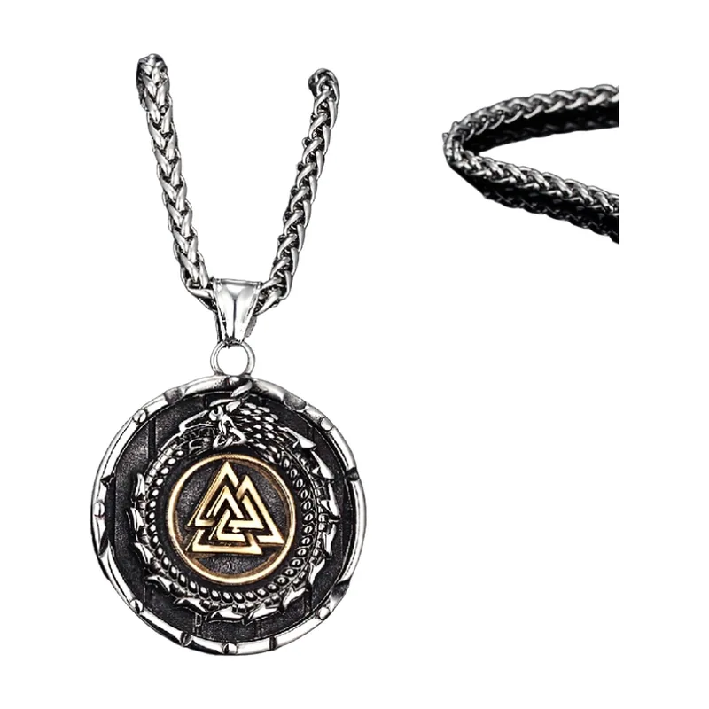 Pendente Drago Ouroboros e Valknut con Catena, Acciaio Inossidabile