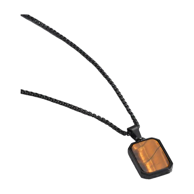 Pendentif Dog Tag Géométrique avec Pierre Brune, Acier Inoxydable