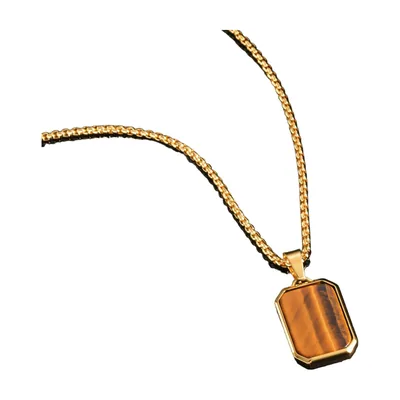 Geometric Tag Pendant with Brown Stone, Stainless Steel