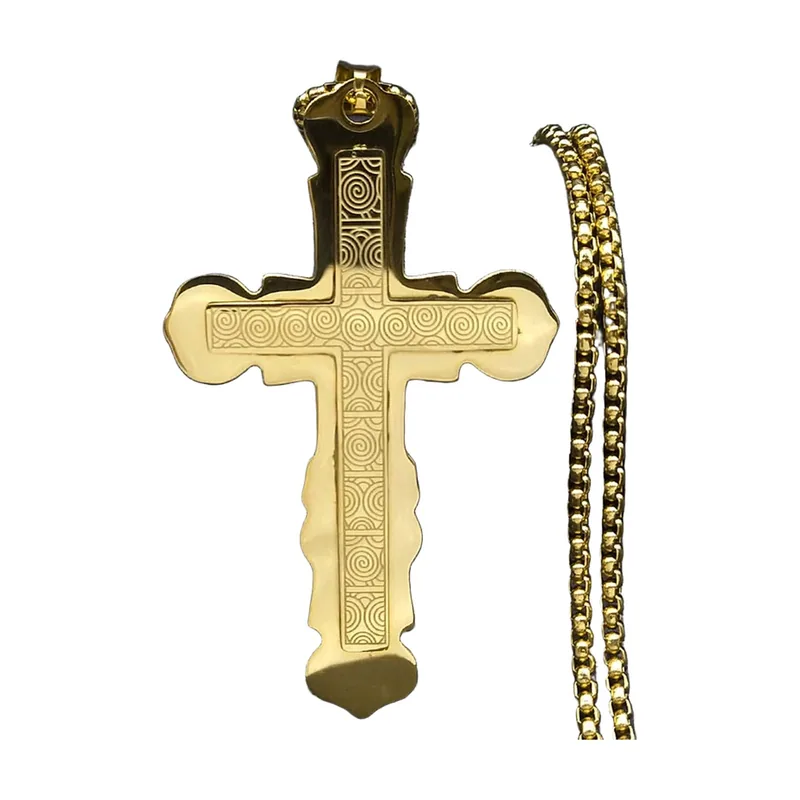 Collier Pendentif Croix Gravée, Acier Inoxydable